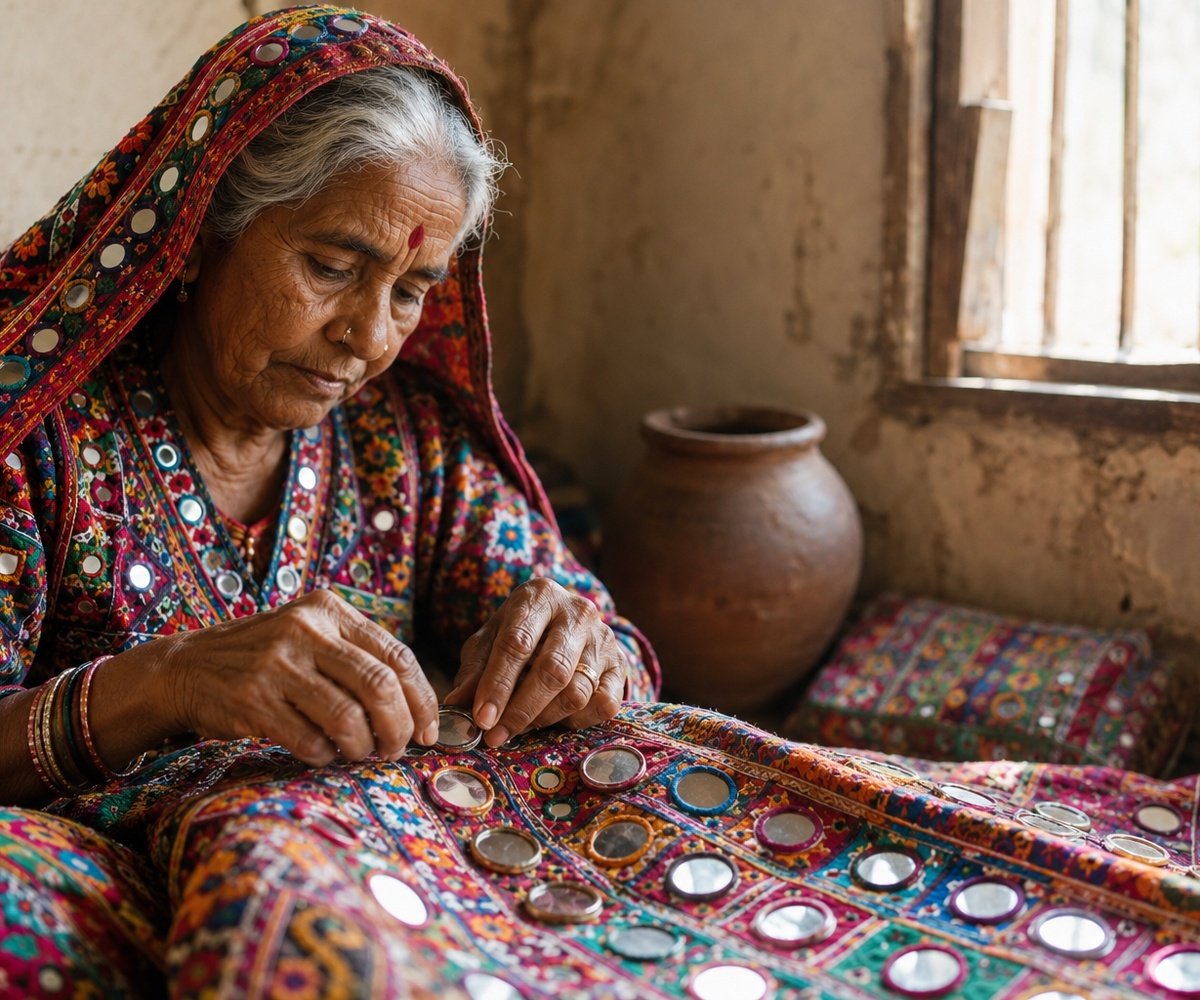A Banjara artisan hand-stitching mirrors onto embroidered fabric