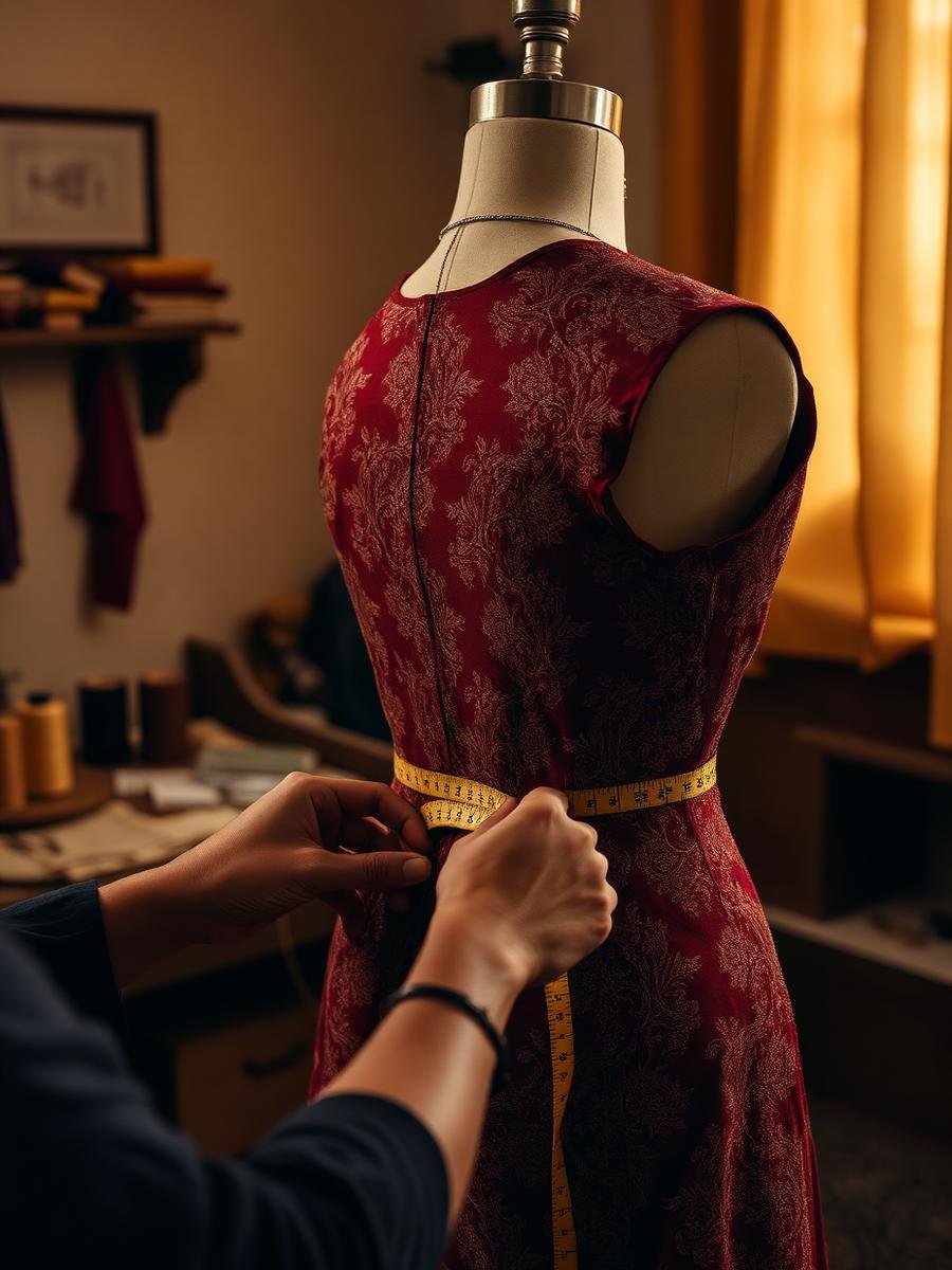 An artisan measuring an embroidered garment on a dress form